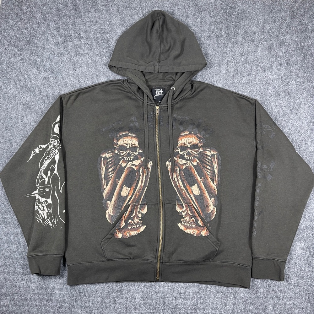 Y2K Ed Hardy Zip Up Hoodie Mens XL Gray Skeleton Grim Reaper Graphic